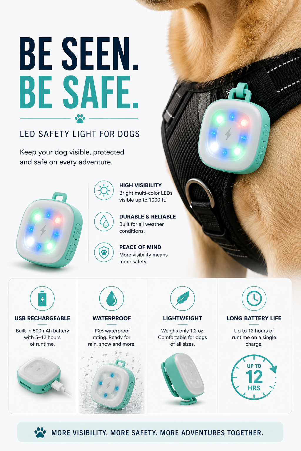 USB Rechargeable LED Safety Light for Dogs